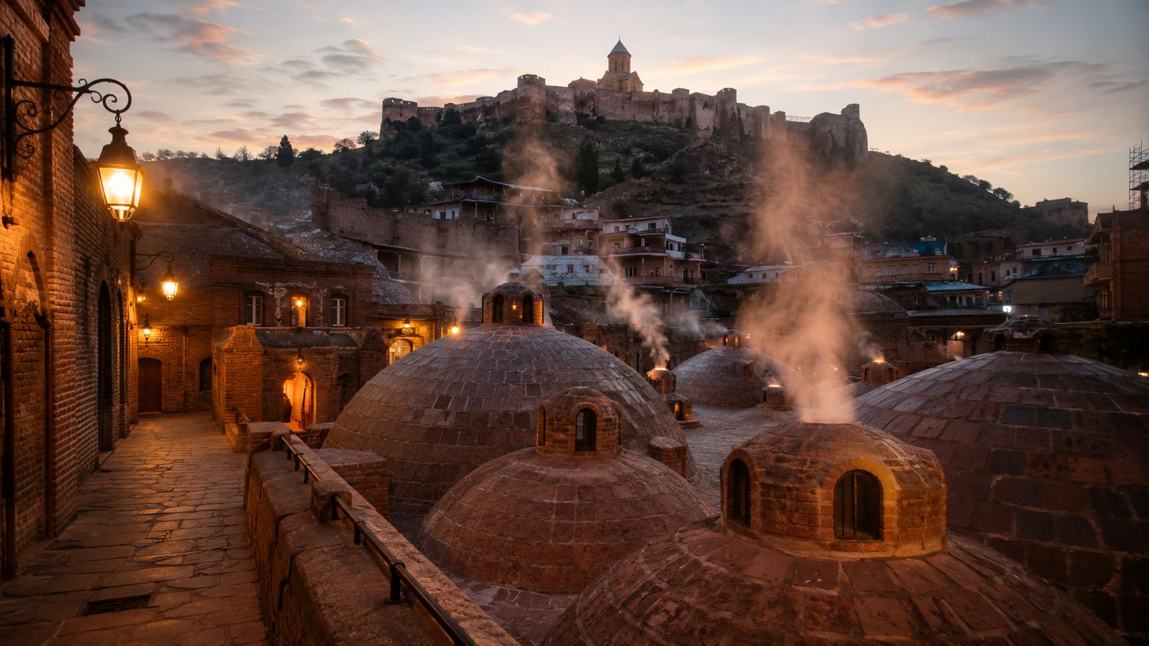 The historic Abanotubani sulfur baths in Tbilisi, Georgia, with a scenic fortress on the hill at sunset.