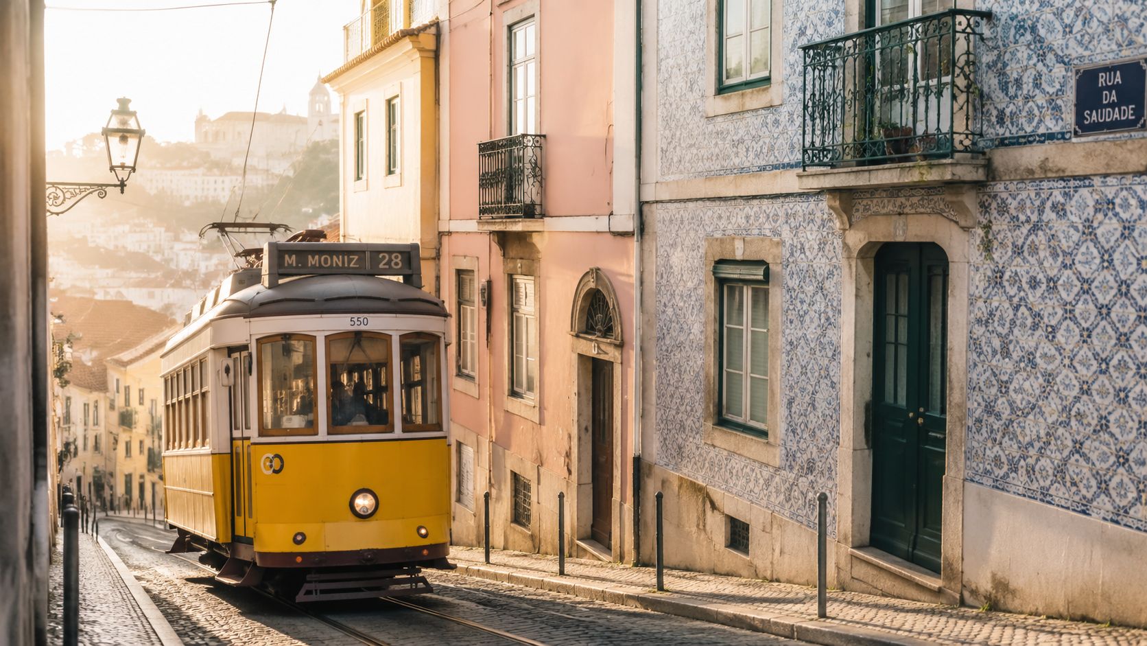 A iconic yellow tram on the historic cobbled streets of Lisbon at sunset with tiled buildings.