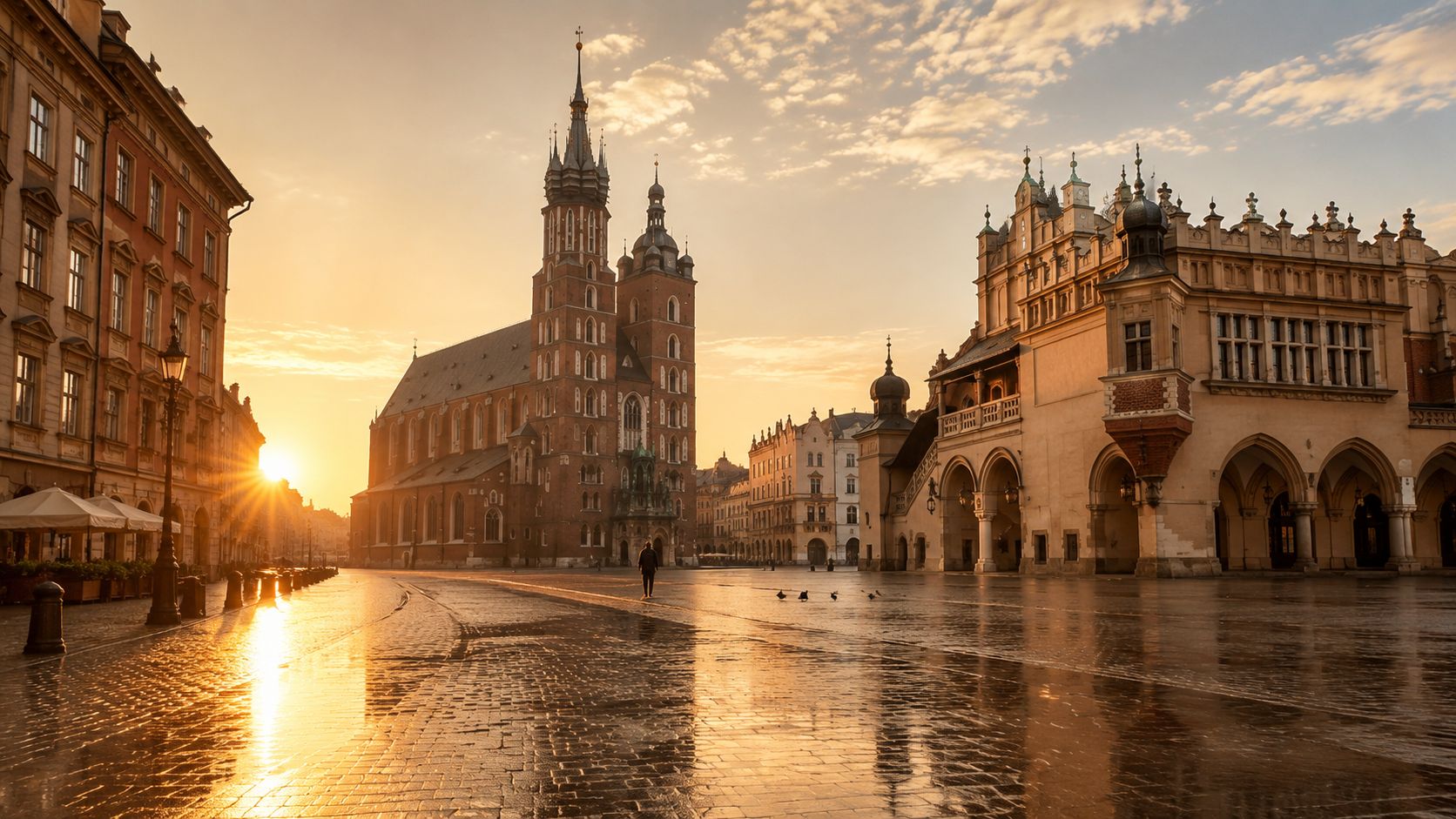 A picturesque sunrise over the historic St. Mary's Basilica and the Cloth Hall in Krakow's Main Square.