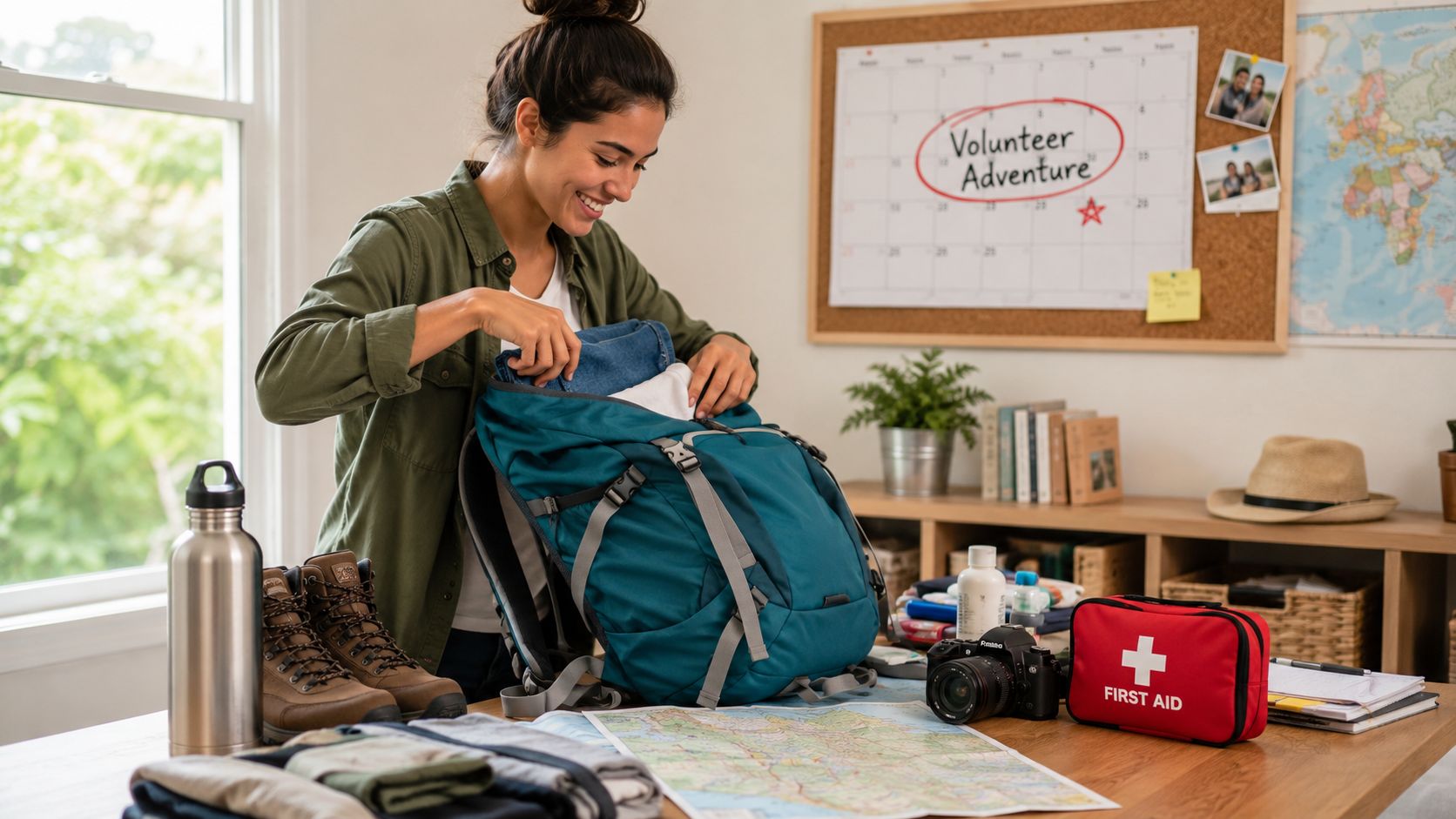 A happy woman packing a blue travel backpack in preparation for a volunteer adventure abroad.