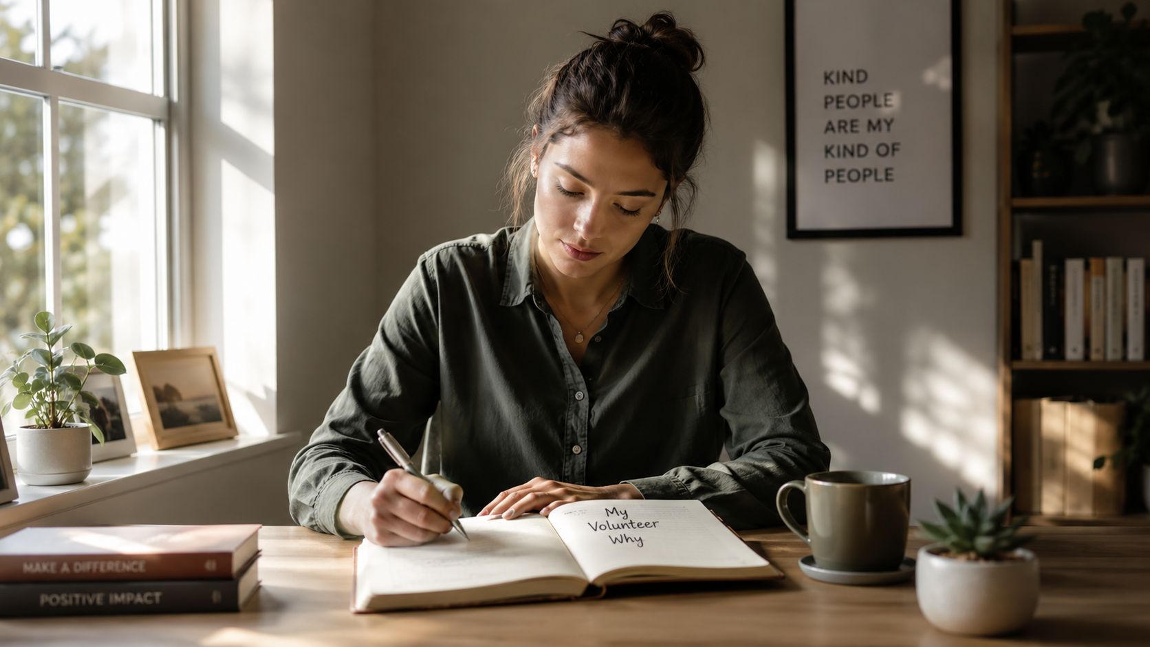 A woman writing in a journal titled My Volunteer Why at a desk with books and plants.
