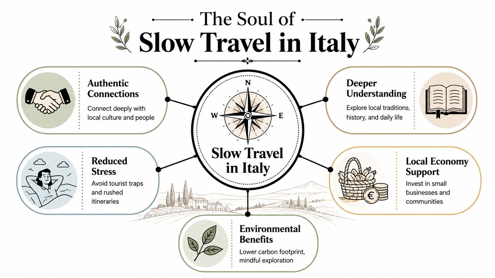 An infographic titled The Soul of Slow Travel in Italy explaining five key benefits of mindful tourism.