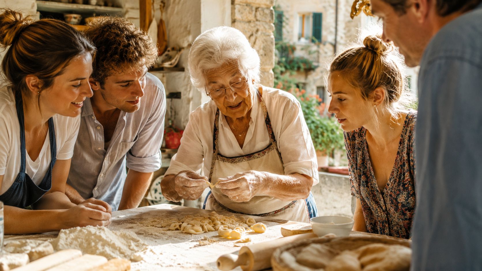 A family cooking fresh pasta together in a rustic Italian kitchen with their elderly grandmother.