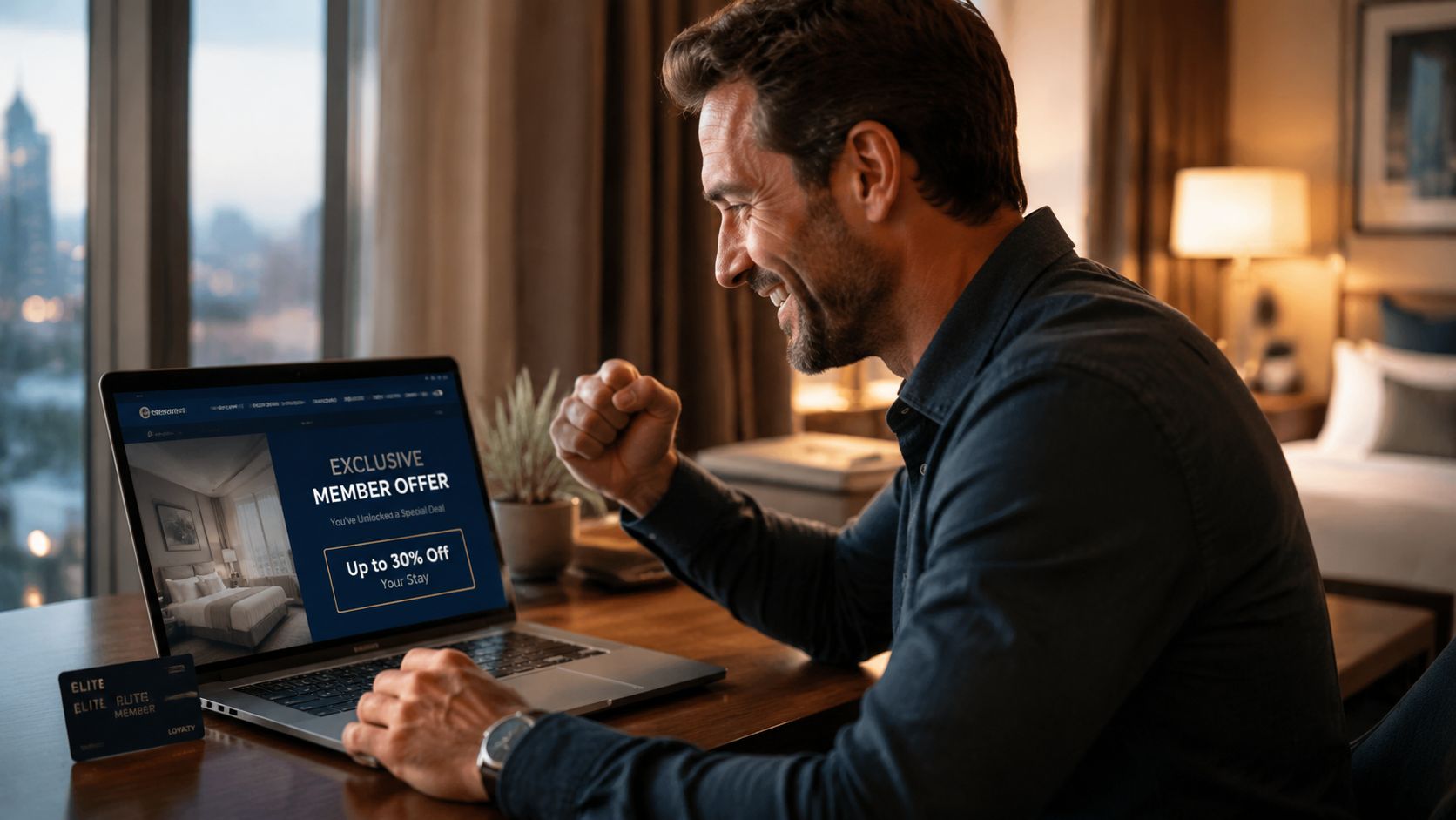 A happy man smiling while using a laptop to book a discounted hotel room online.