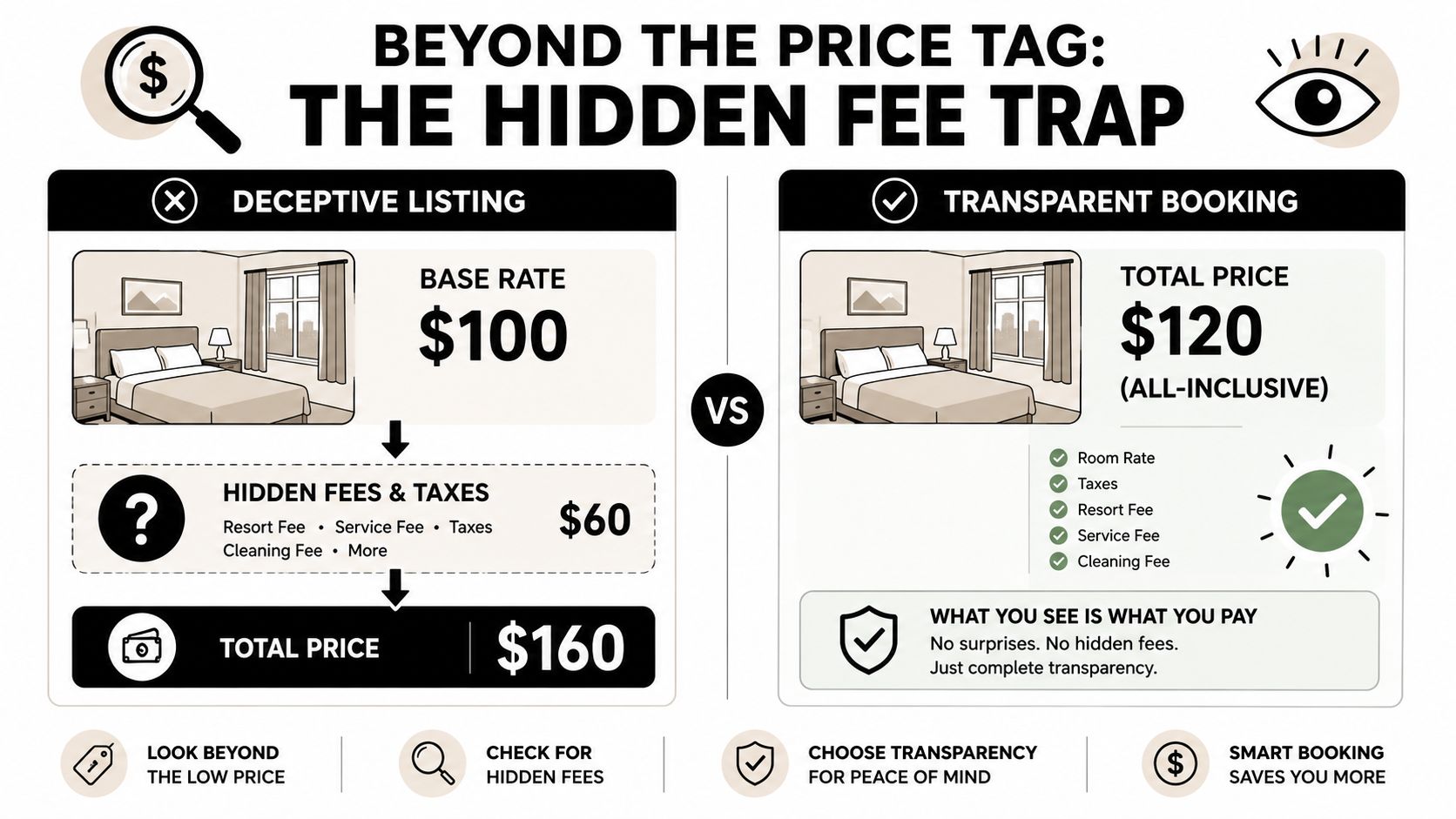 An infographic comparing deceptive hotel listing pricing with hidden fees versus transparent, all-inclusive booking options.