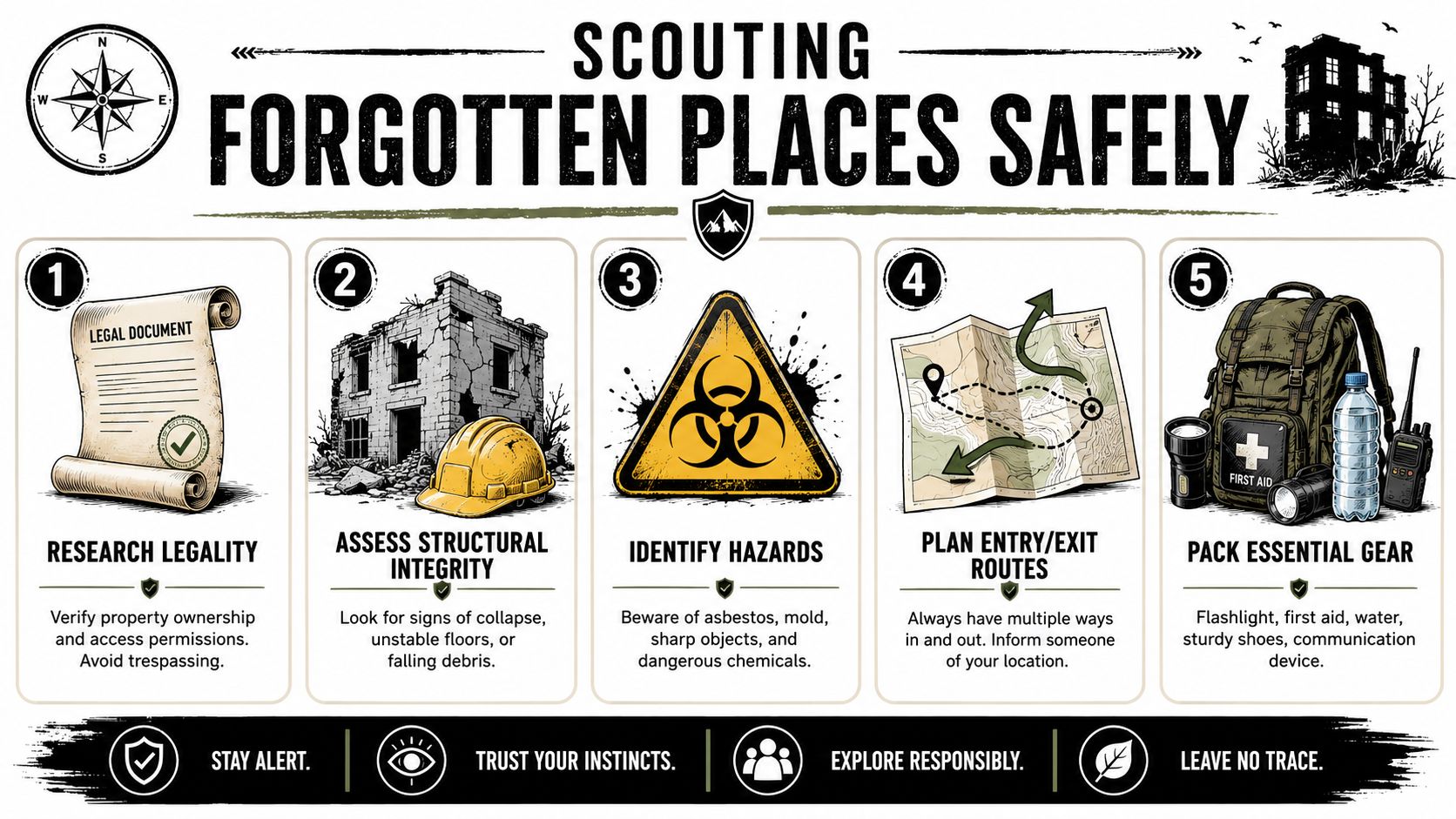 An infographic titled Scouting Forgotten Places Safely with five essential tips for safe urban exploration.