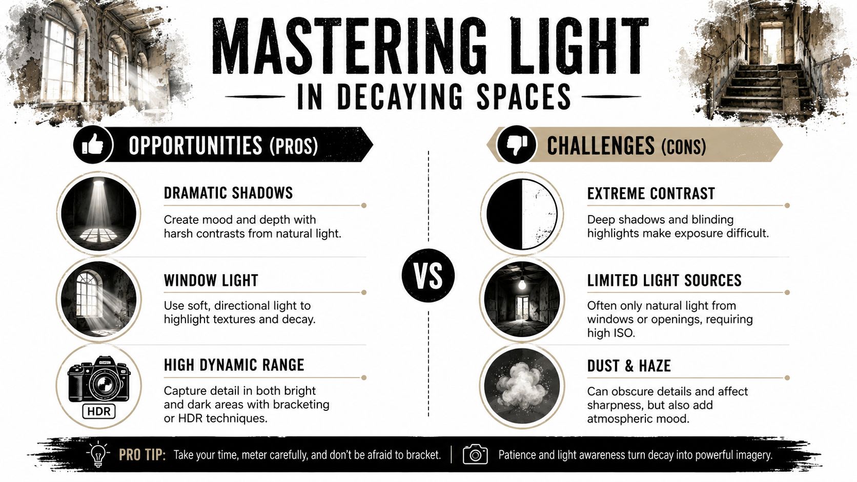 An infographic titled Mastering Light in Decaying Spaces illustrating the pros and cons of urban photography lighting.