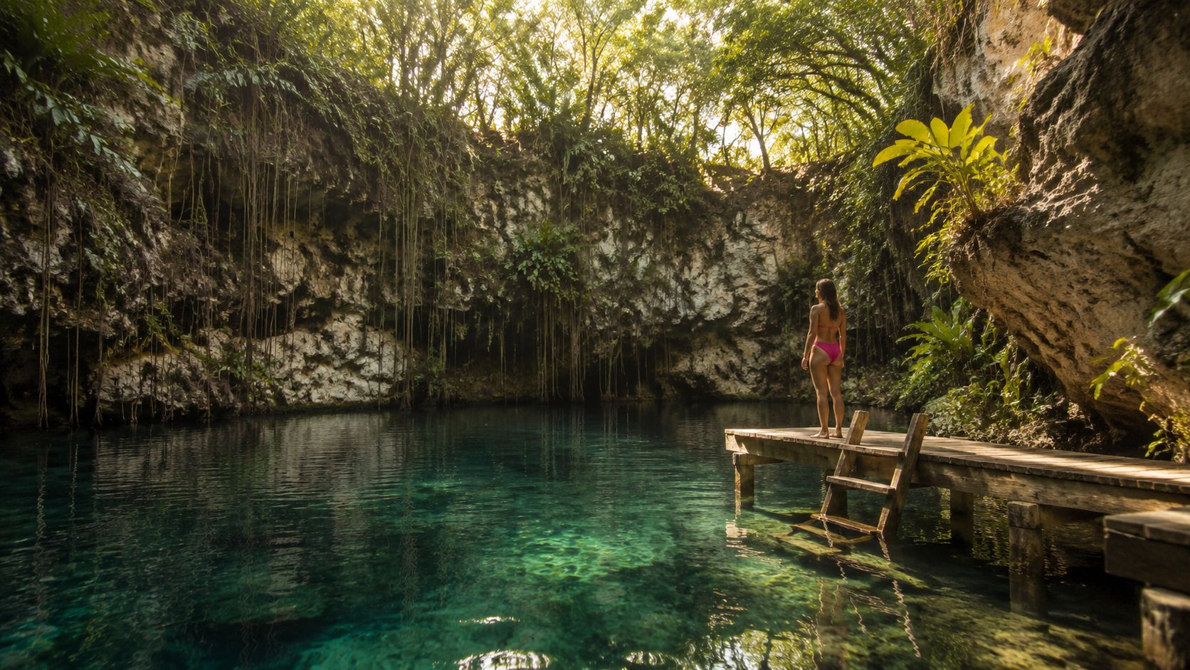 A woman in a pink bikini standing on a wooden dock overlooking a turquoise cenote.