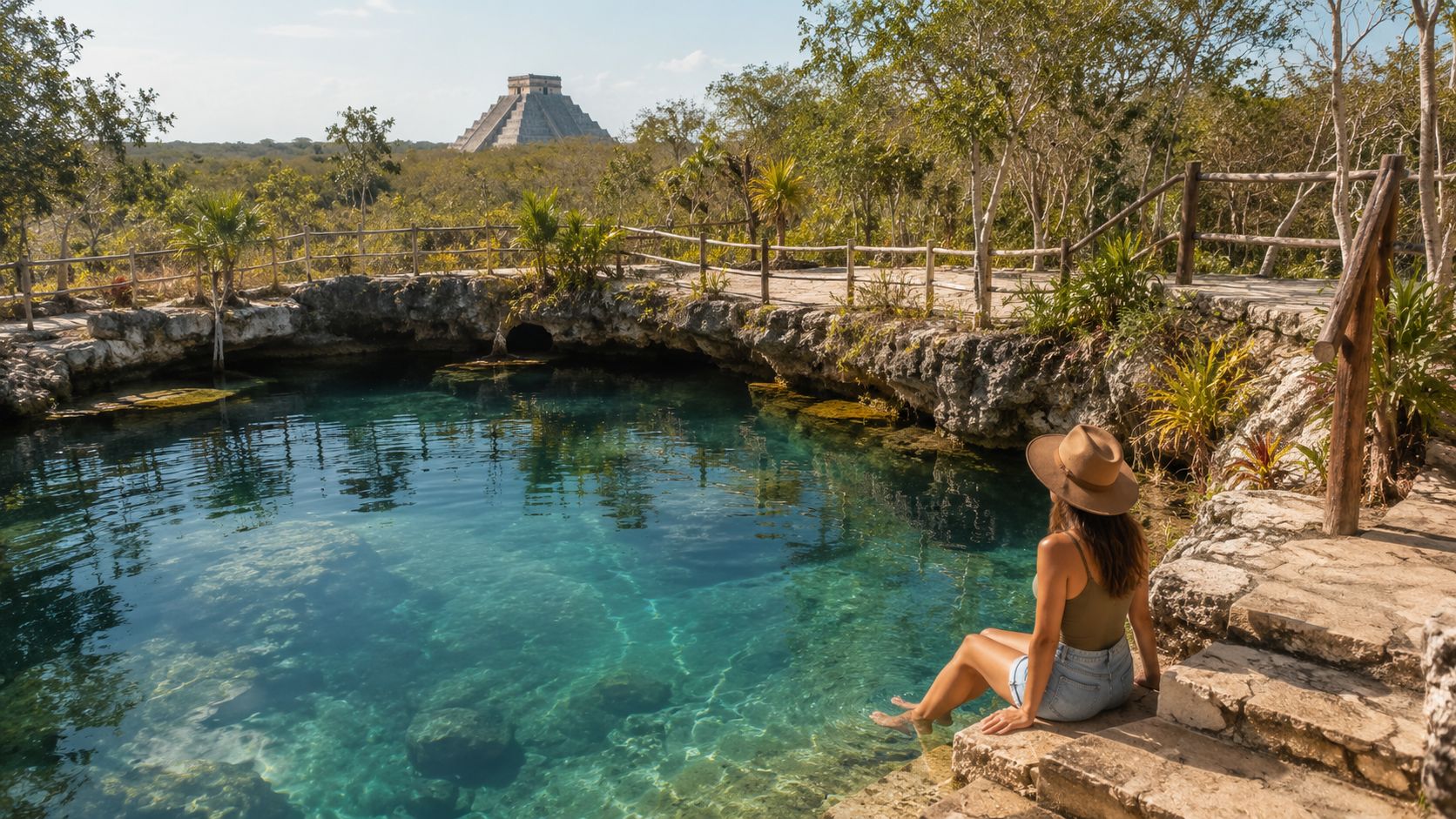 A woman wearing a hat sits on the stone edge of a crystal clear cenote near Chichen Itza.