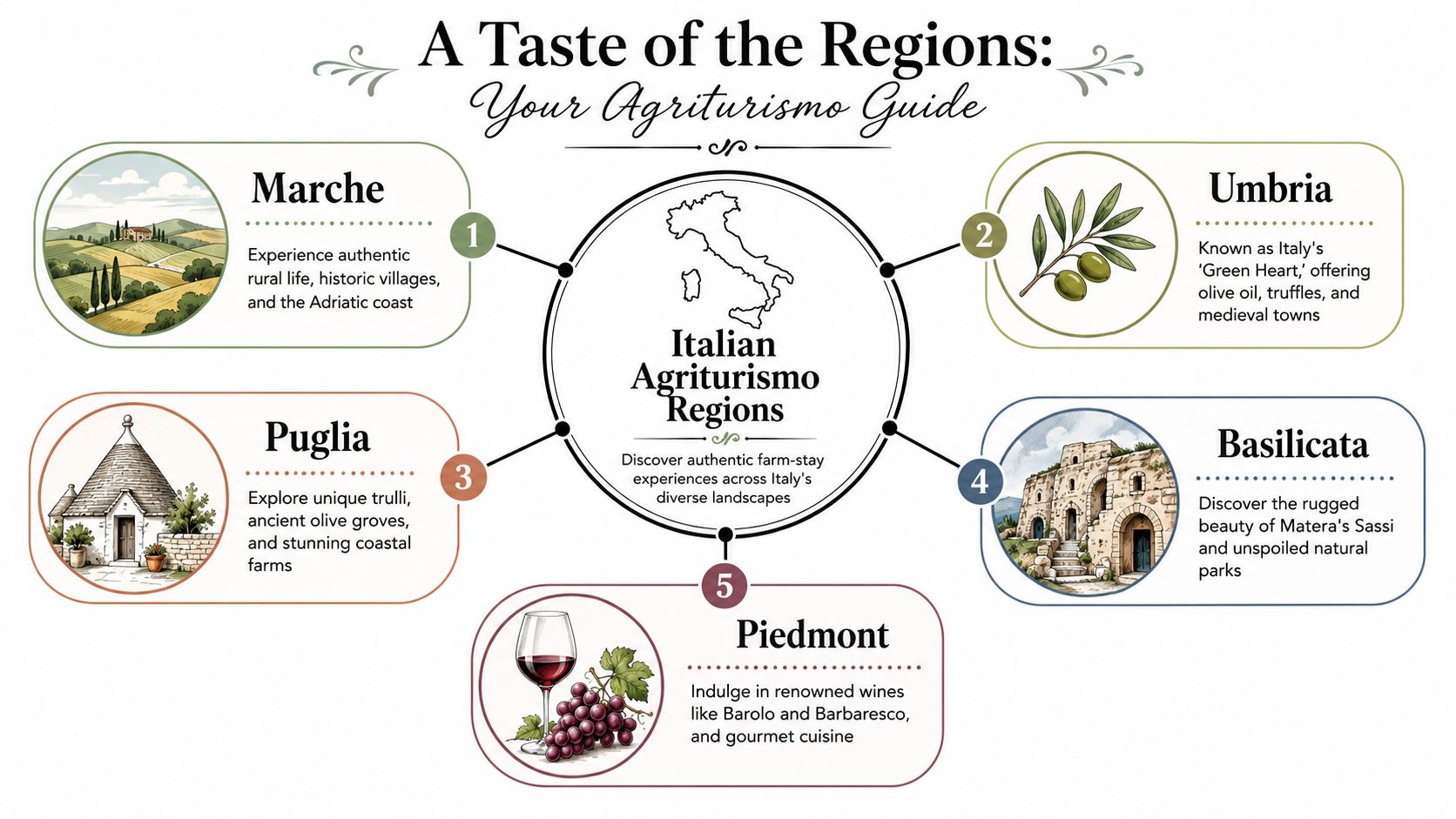 An infographic titled A Taste of the Regions, showcasing five diverse Italian agriturismo travel destinations.