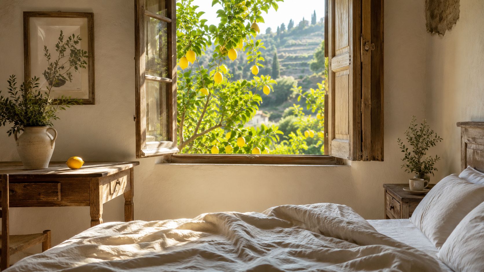 A rustic bedroom with a view of a sunlit lemon tree through an open wooden window.