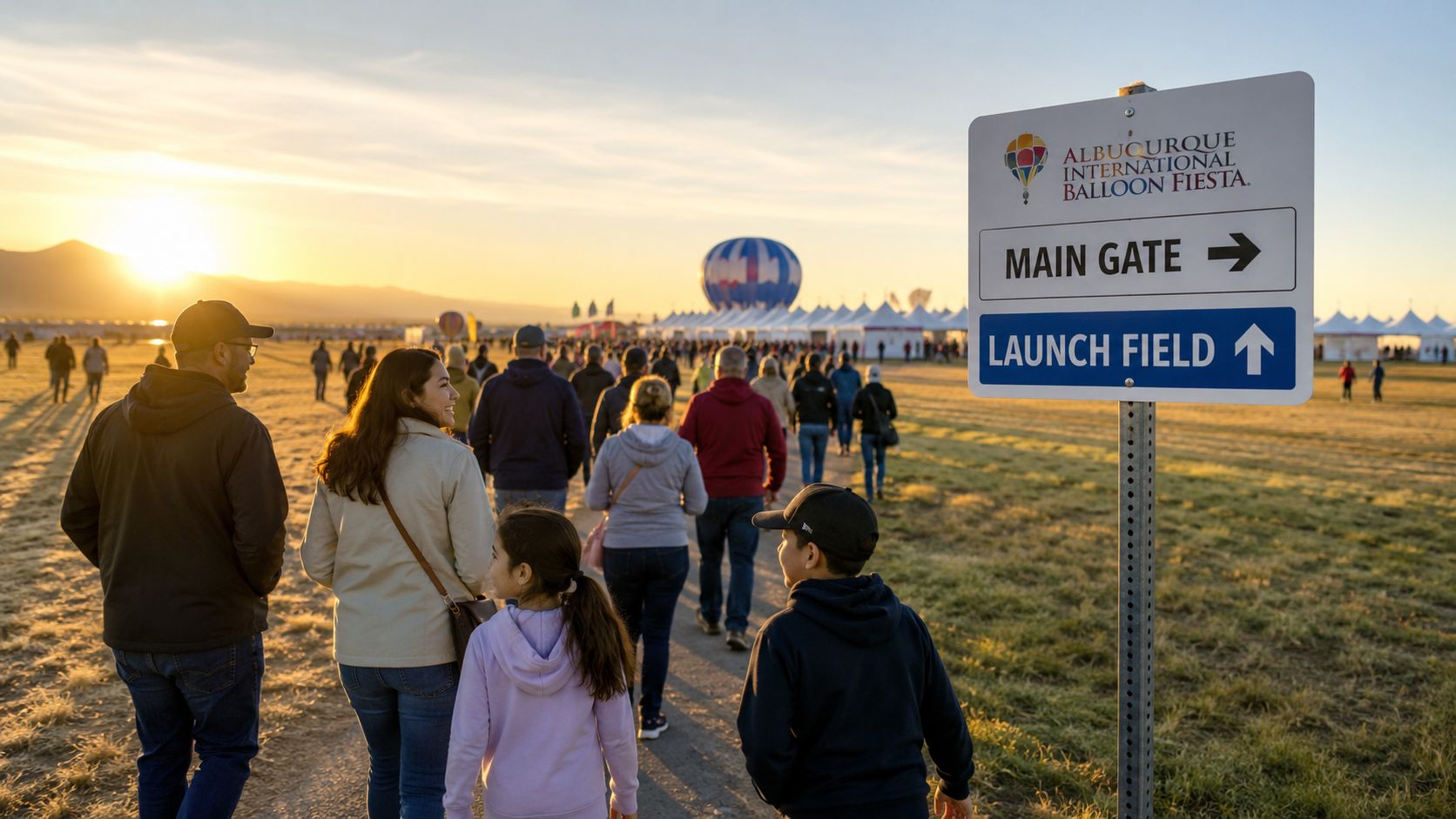 A crowd of people walking towards the Albuquerque International Balloon Fiesta launch field at sunrise.