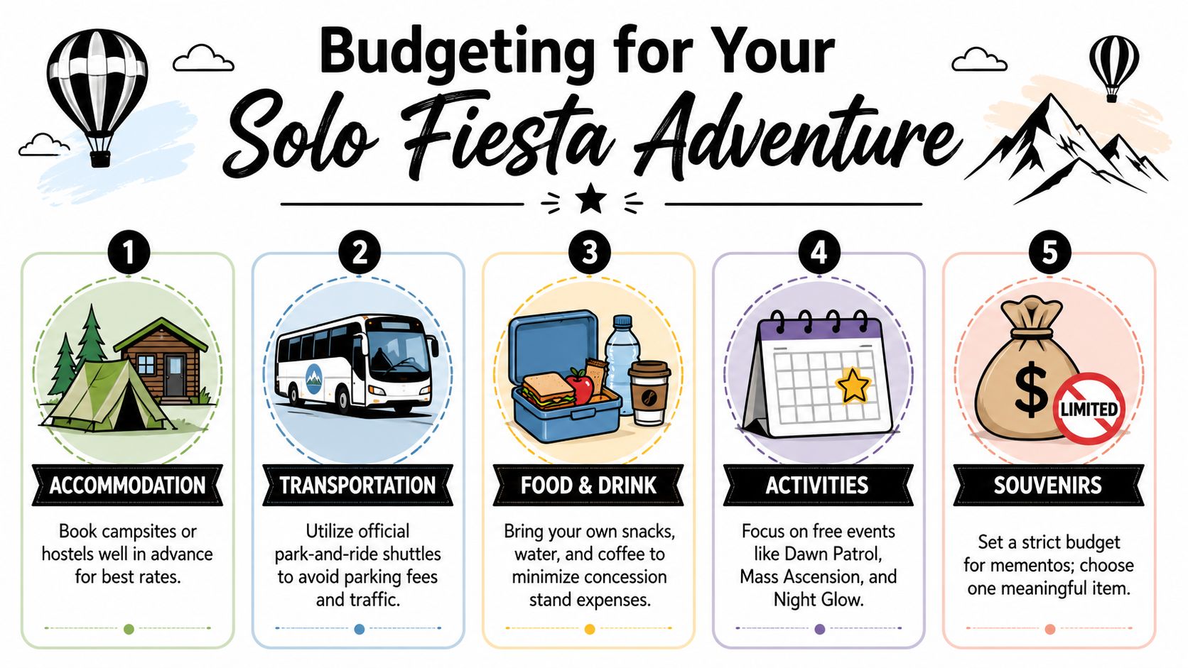 An infographic detailing five budgeting tips for solo travelers attending the Albuquerque International Balloon Fiesta.