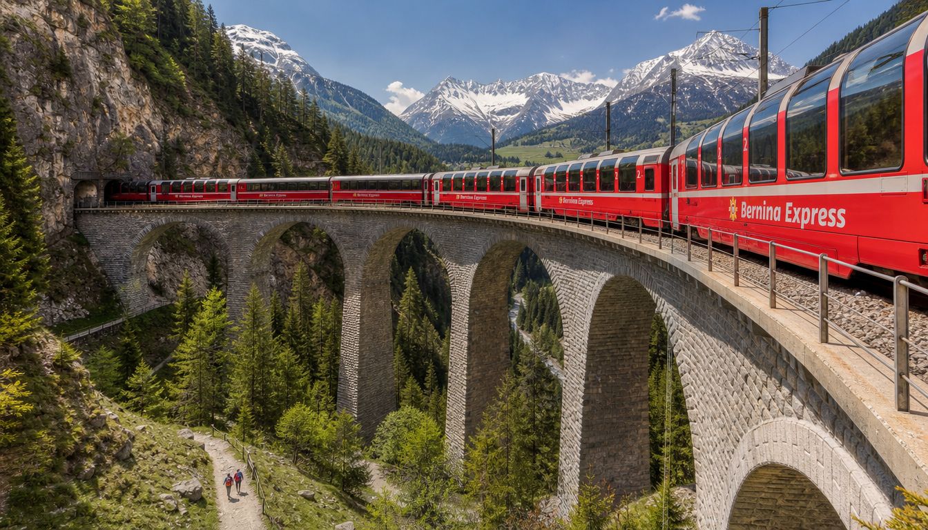 The Bernina Express red train crosses a stone viaduct set against a backdrop of snow capped mountains.