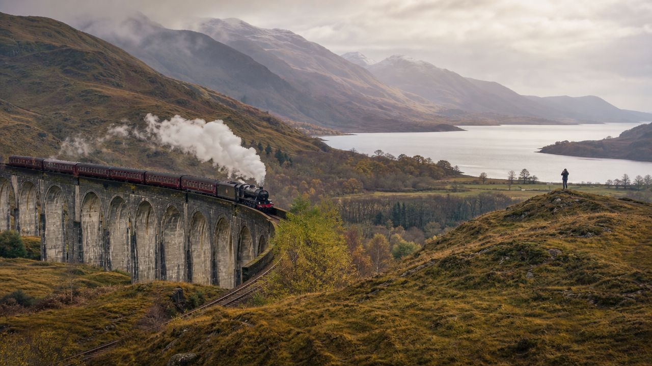 The Jacobite steam train crosses the iconic Glenfinnan Viaduct in the scenic Scottish Highlands during autumn.