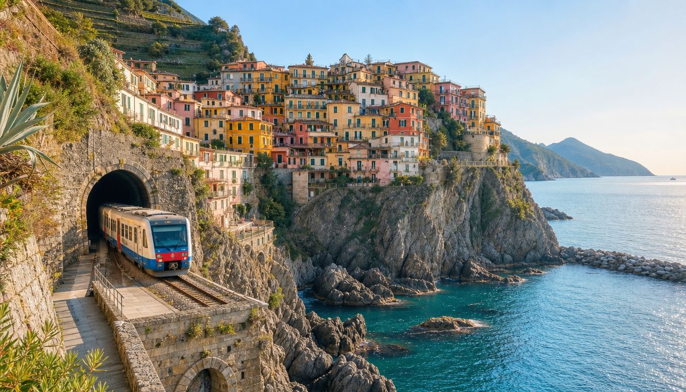 A passenger train emerging from a tunnel along the rugged cliffs of the Italian coastal village Manarola.