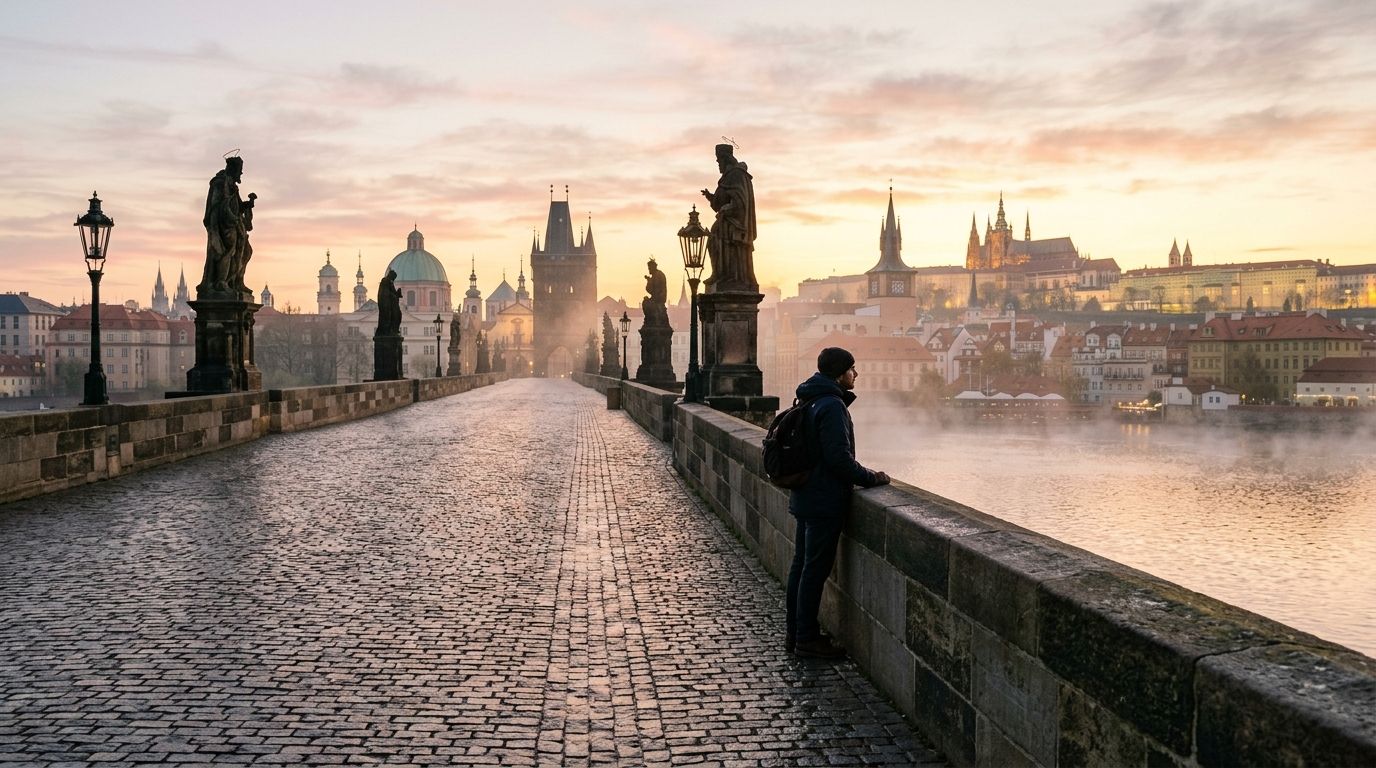 A solo traveler looks out over the iconic Charles Bridge in Prague during a misty, golden sunrise.