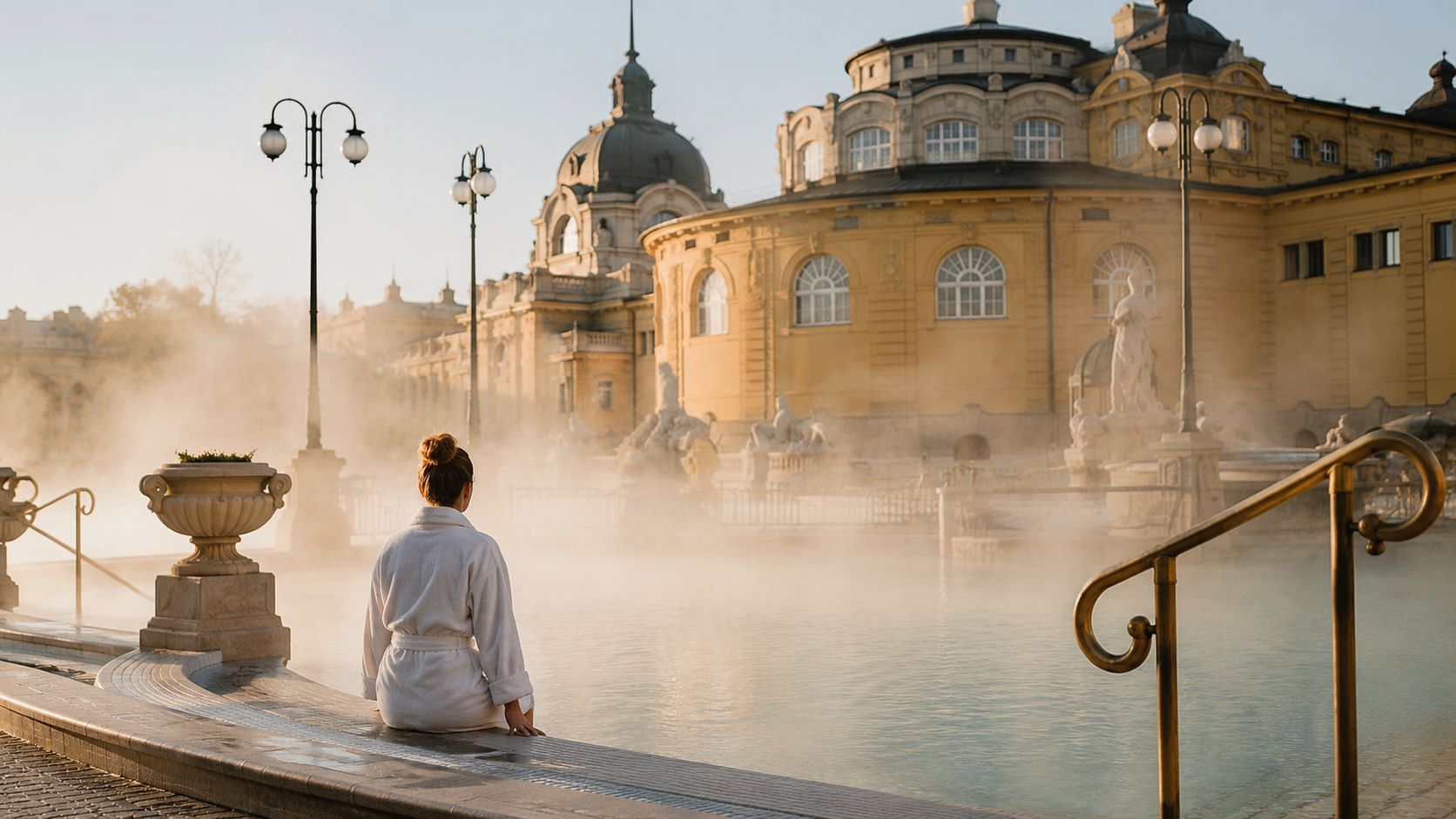 A woman in a white bathrobe sits by the steaming Széchenyi thermal bath in Budapest, Hungary at dawn.