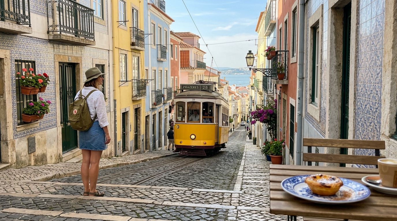 A woman with a backpack watches a yellow vintage tram moving down a narrow cobblestone street in Lisbon.