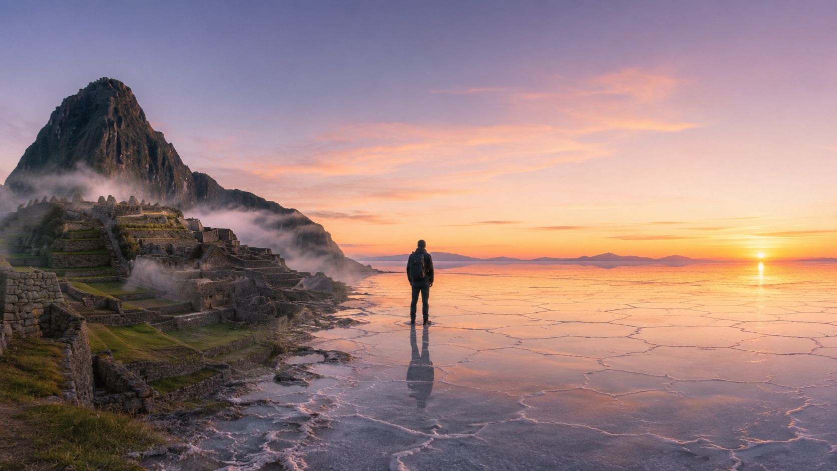 A lone traveler standing on the reflective salt flats of Bolivia during a vibrant sunset at Machu Picchu.