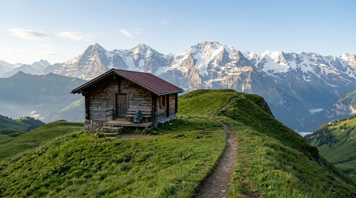 A wooden cabin stands on a lush green alpine ridge in front of snow capped mountain peaks.