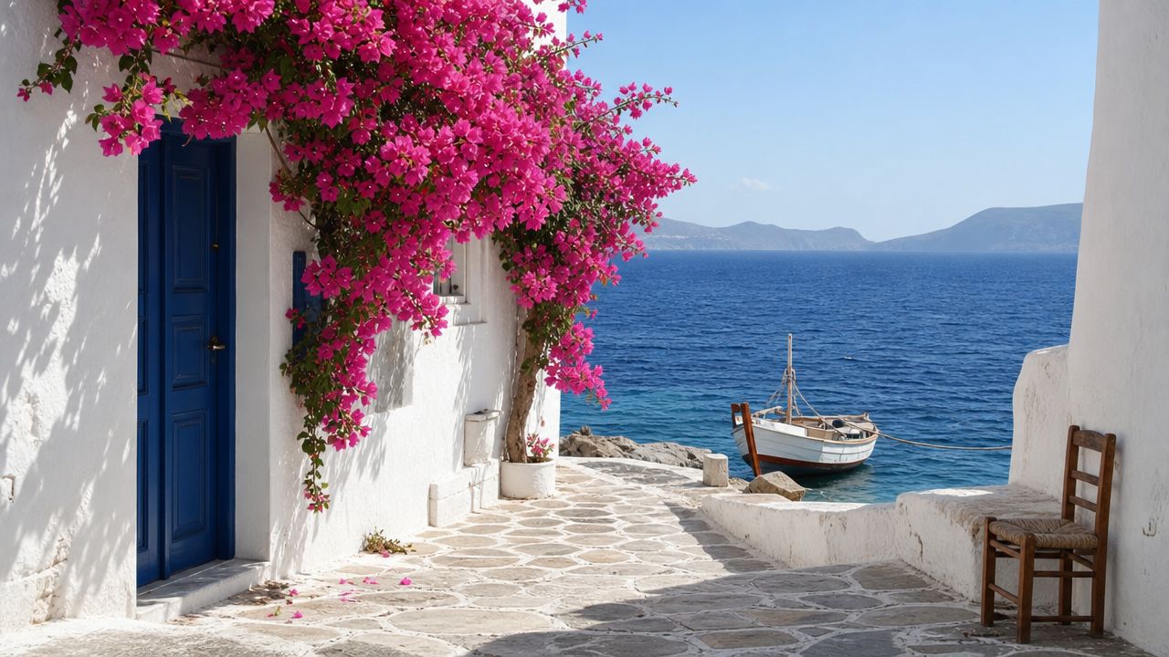 A picturesque Greek island scene featuring a blue door, pink bougainvillea, a boat, and a stone path.