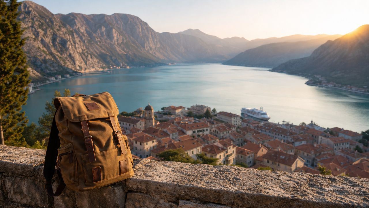 A brown canvas backpack sits on a stone wall overlooking a scenic coastal town and mountain bay.