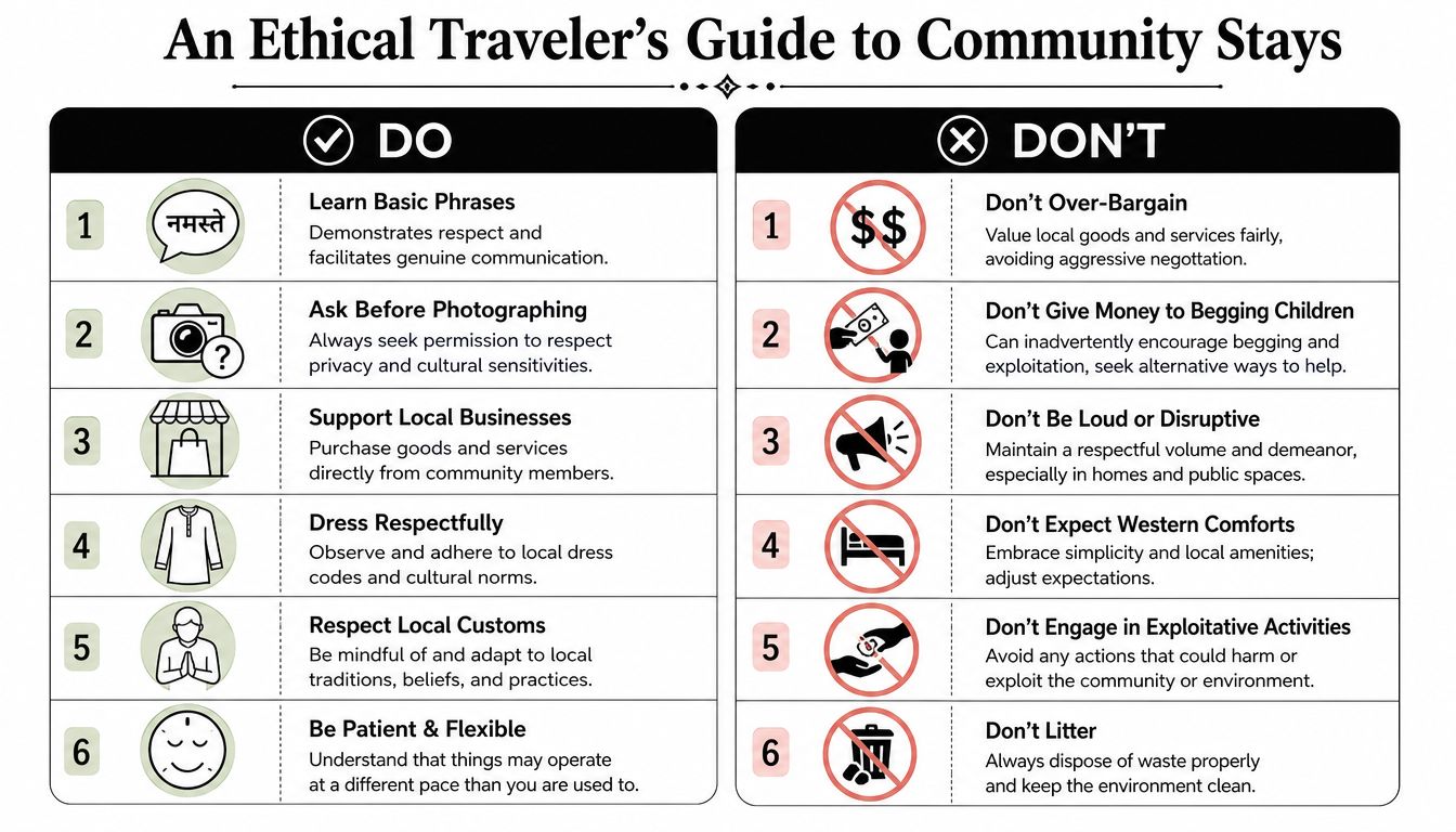 An infographic titled An Ethical Traveler's Guide to Community Stays outlining six essential do's and don'ts.