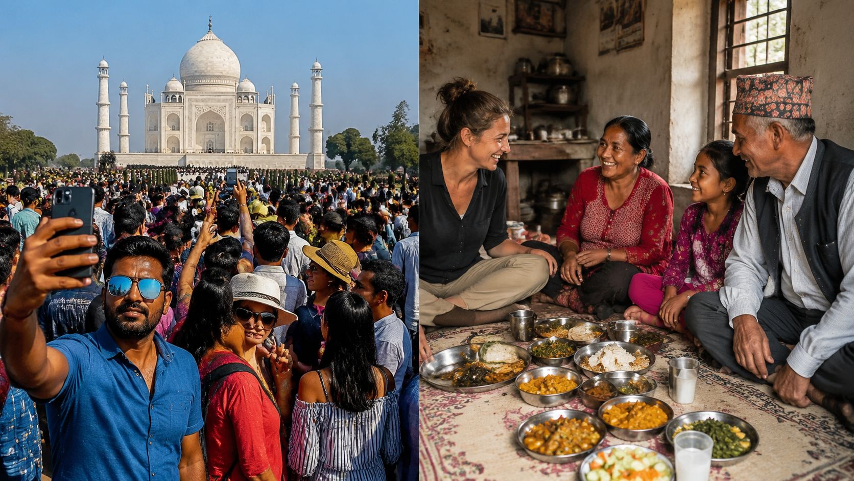 A split screen showing a crowded Taj Mahal tourist site and a diverse family sharing a meal.