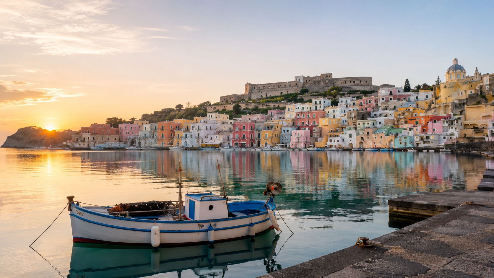 A picturesque sunrise over the colorful waterfront buildings and fishing boats at the harbor of Procida, Italy.
