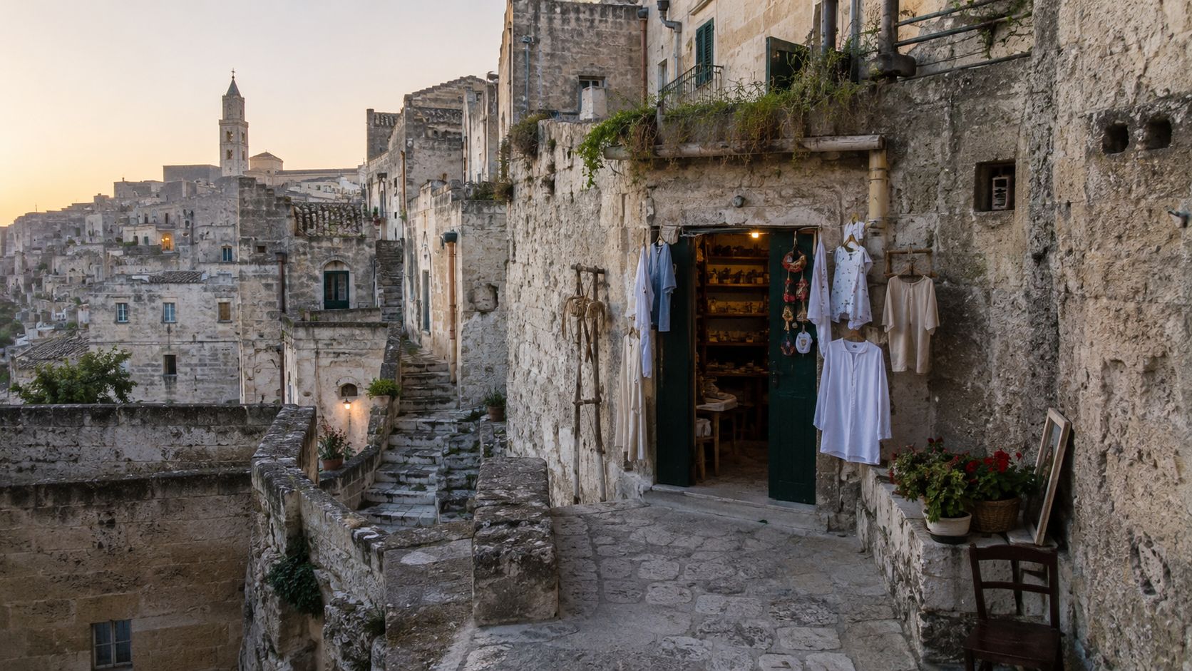A charming stone boutique with hanging garments in the historic Sassi di Matera district in Italy.