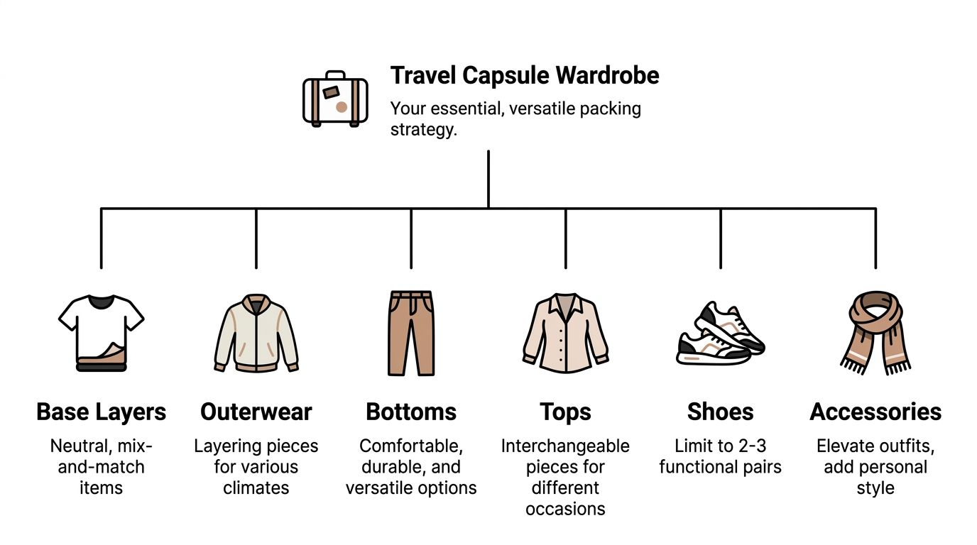 A travel capsule wardrobe guide showing six categories for a versatile and minimalist packing strategy.
