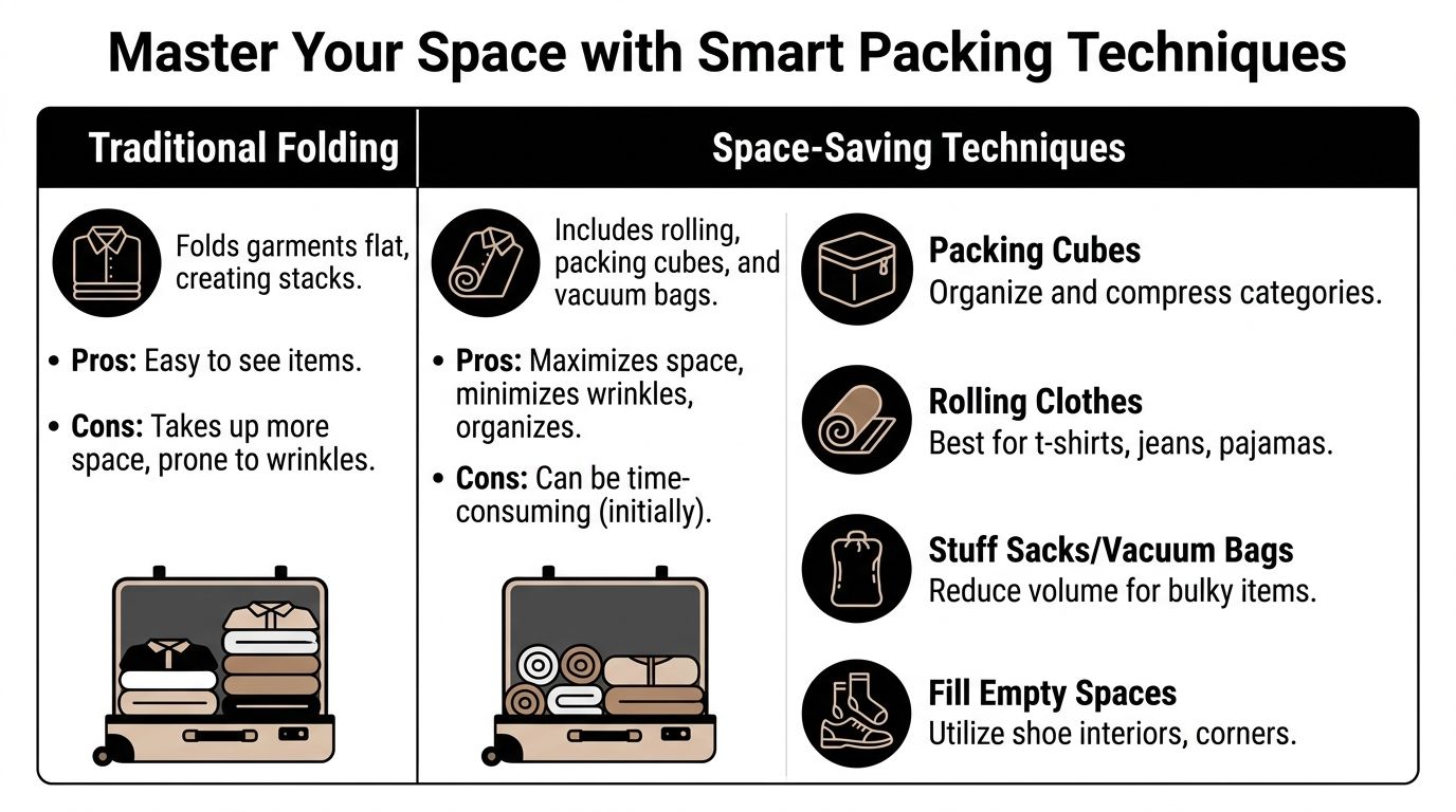 A comparison chart showing traditional folding versus space-saving packing techniques for maximizing suitcase capacity efficiently.
