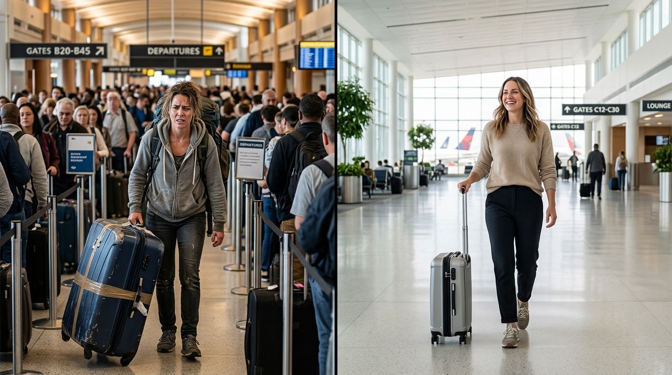 A comparison of a stressed traveler in a crowded airport versus a calm, prepared traveler with light luggage.