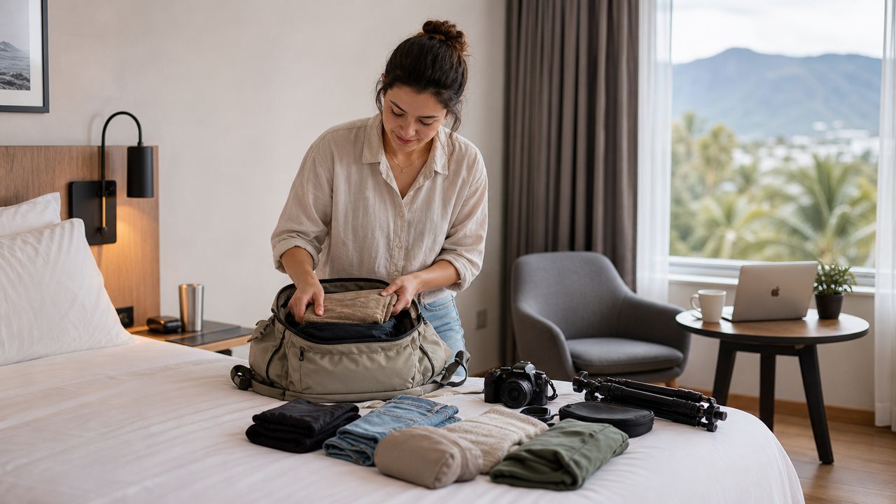 A woman carefully packing clothes and camera equipment into a backpack on a bed in a hotel room.