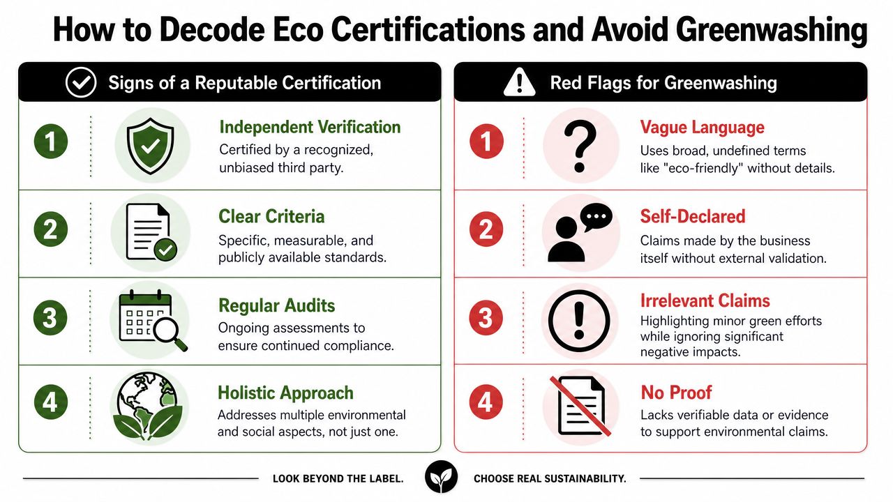 An infographic titled How to Decode Eco Certifications comparing reputable certification signs against greenwashing red flags.