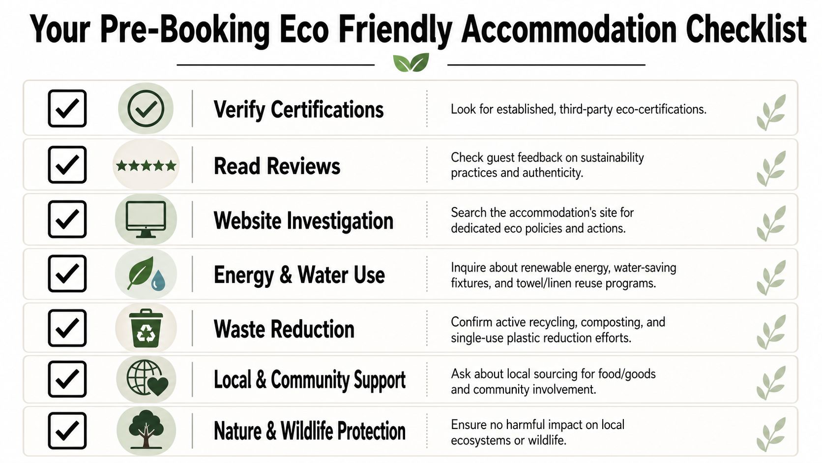 A checklist illustrating seven key steps for verifying the sustainability of eco friendly accommodations when traveling.