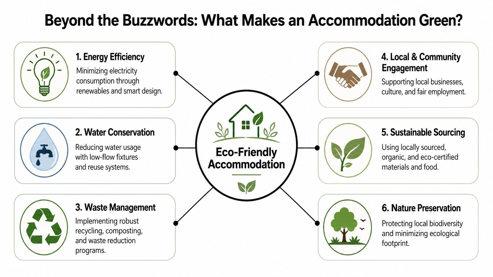 A diagram outlining six key components of an eco-friendly accommodation, including energy, water, and community initiatives.