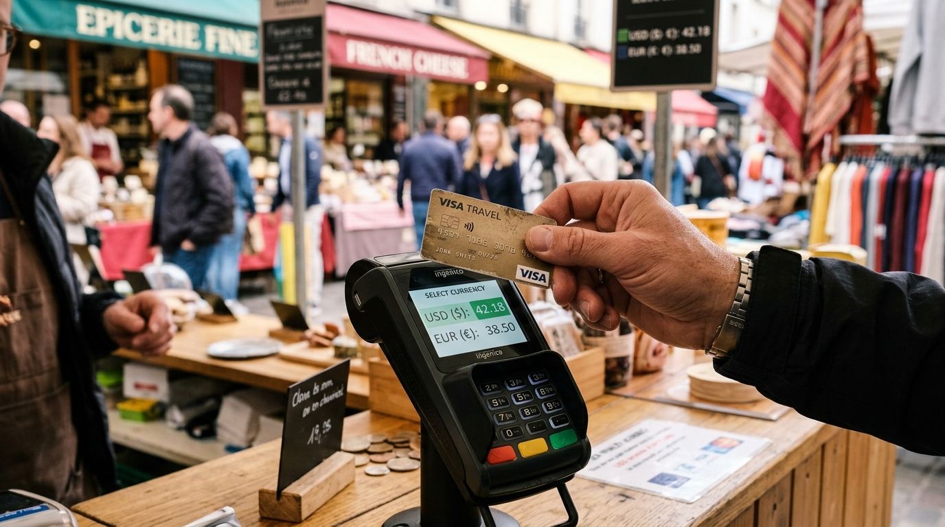 A customer makes a contactless card payment at an outdoor market vendor stall using a payment terminal.