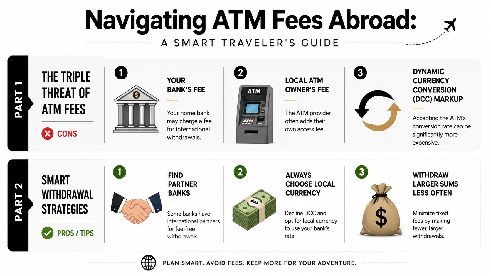 An infographic titled Navigating ATM Fees Abroad showing tips to avoid international bank and ATM withdrawal charges.