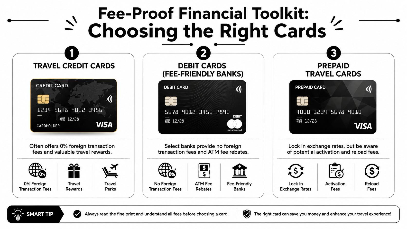 An infographic titled Fee-Proof Financial Toolkit illustrating types of travel cards to avoid transaction fees.