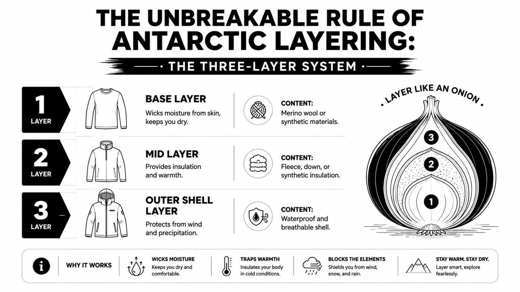 A diagram illustrating the three-layer system for Antarctic clothing including base, mid, and outer shell layers.