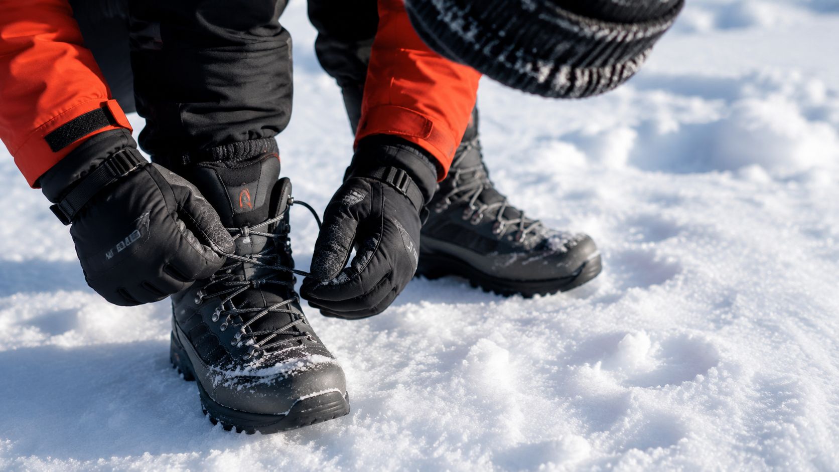 A person wearing an orange winter jacket and black gloves tightening laces on their snow boots.