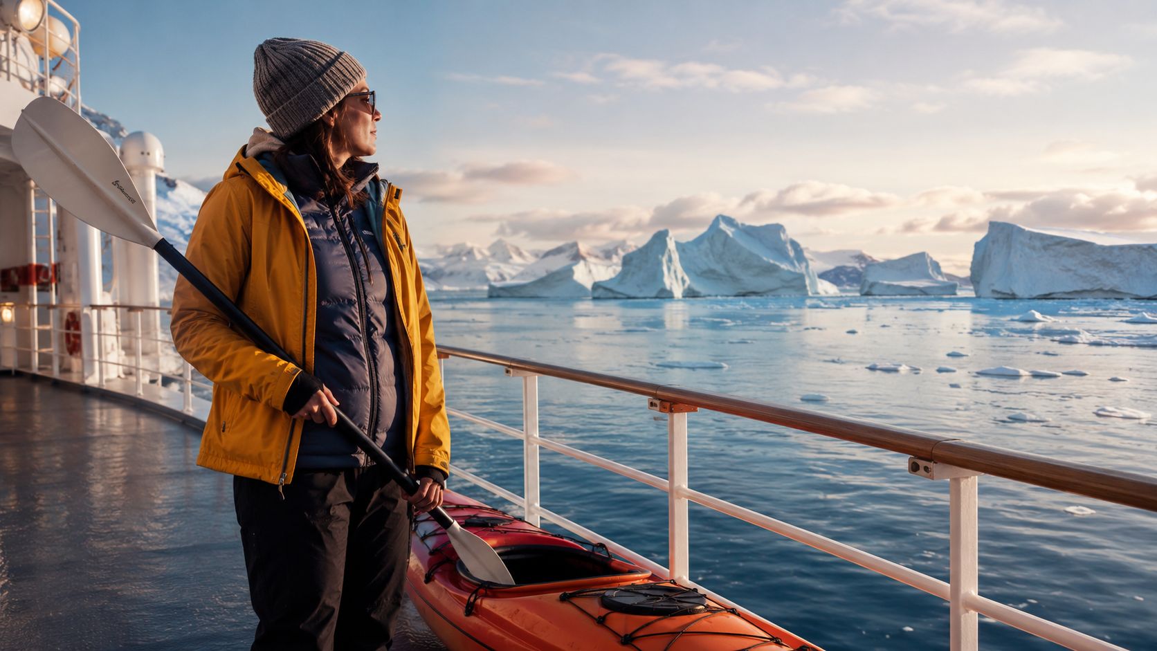 A woman in a yellow jacket and beanie standing on a ship deck with a kayak in Antarctica.