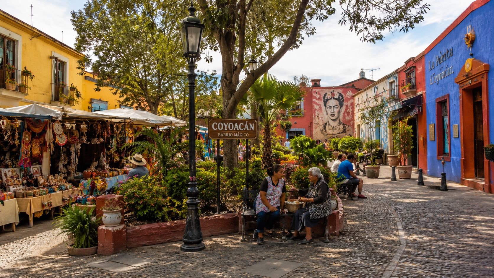 A vibrant plaza in Coyoacán, Mexico City, featuring a Frida Kahlo mural and local street vendors.
