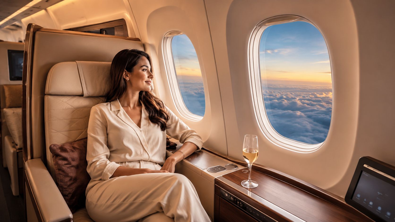 A woman relaxes in a luxury airplane seat while looking out the window at a sunset sky.
