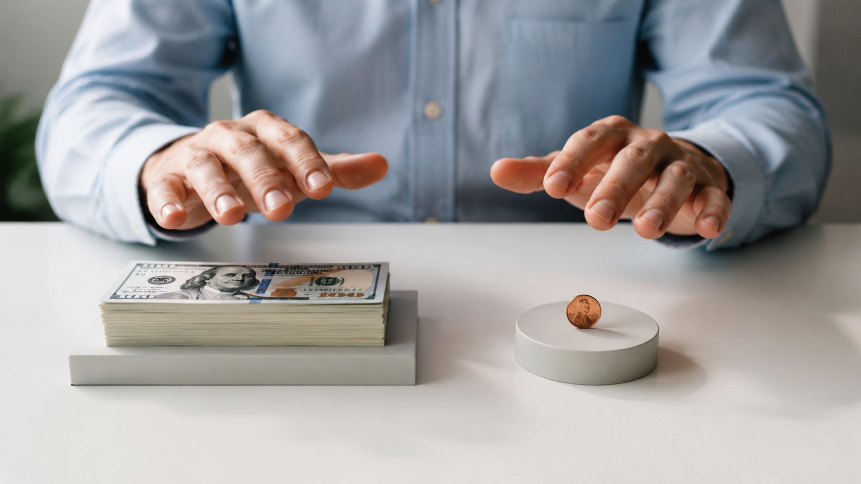 A person in a blue shirt comparing a large stack of cash to a single penny.