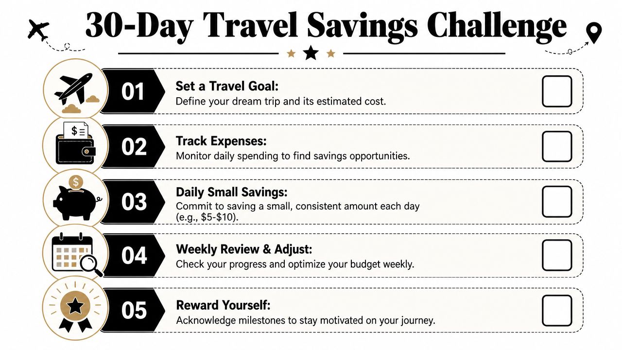 A 30-day travel savings challenge checklist with five steps to reach your dream trip financial goals.