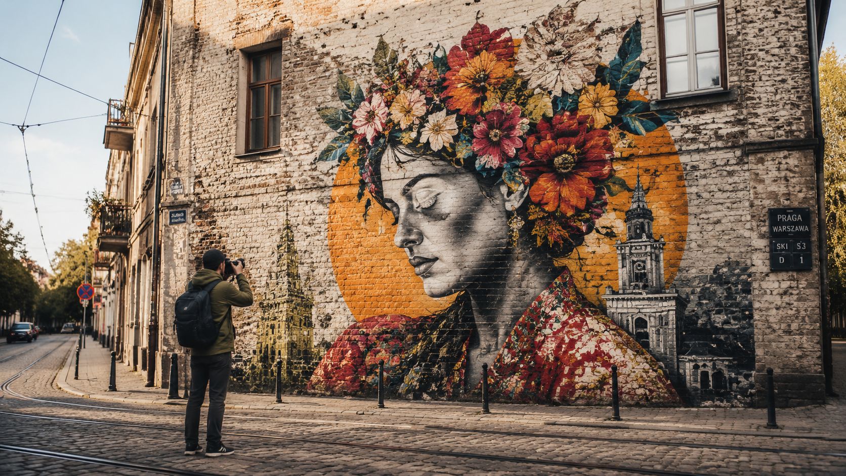 A photographer taking a photo of a beautiful floral portrait mural on a historic brick wall in Warsaw.
