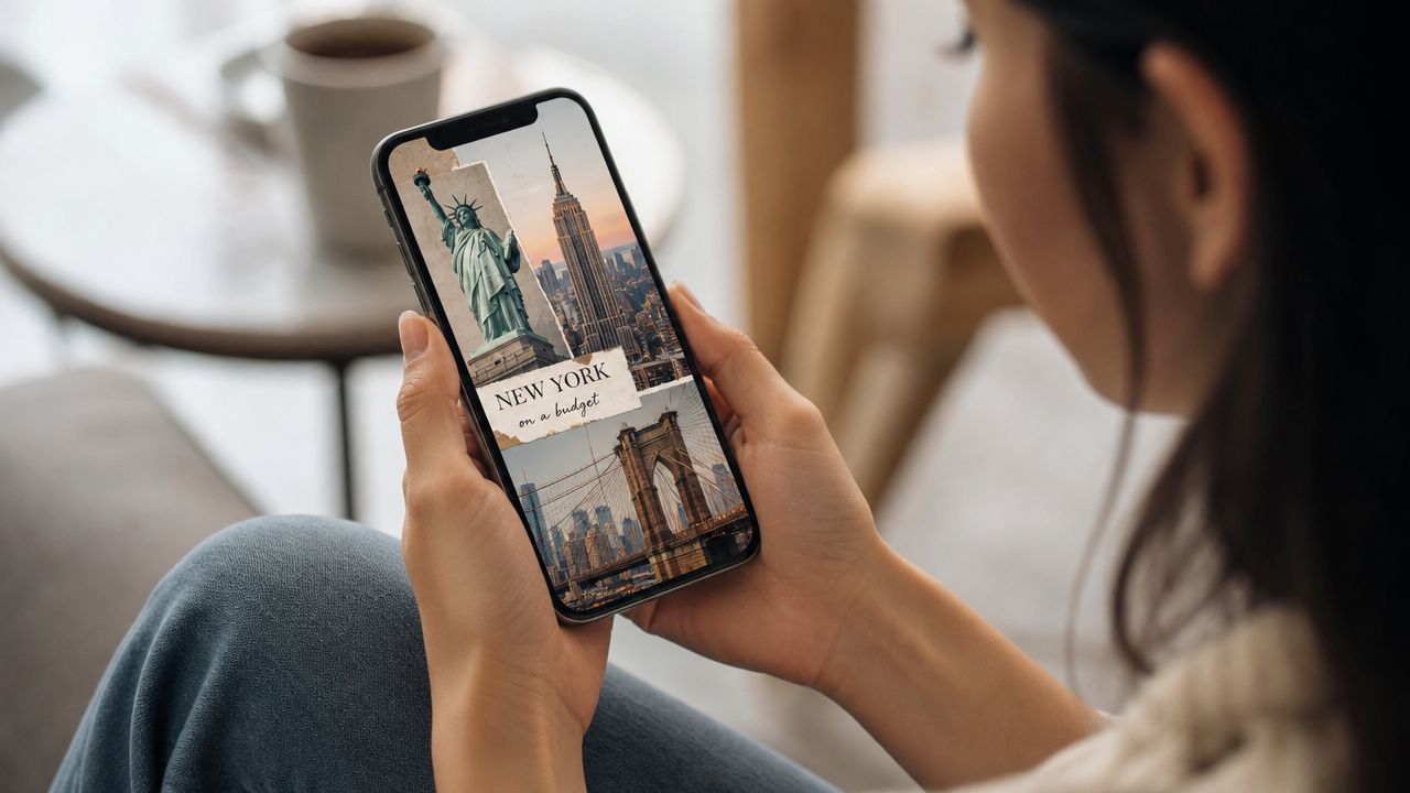 A young woman holding a smartphone displaying a travel guide about affordable New York City trips.